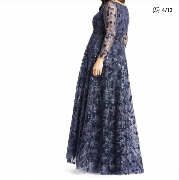 Size 24W navy blue long sleeve evening gown w/ silver metallic flowers Mac Dugga - Picture 10 of 17